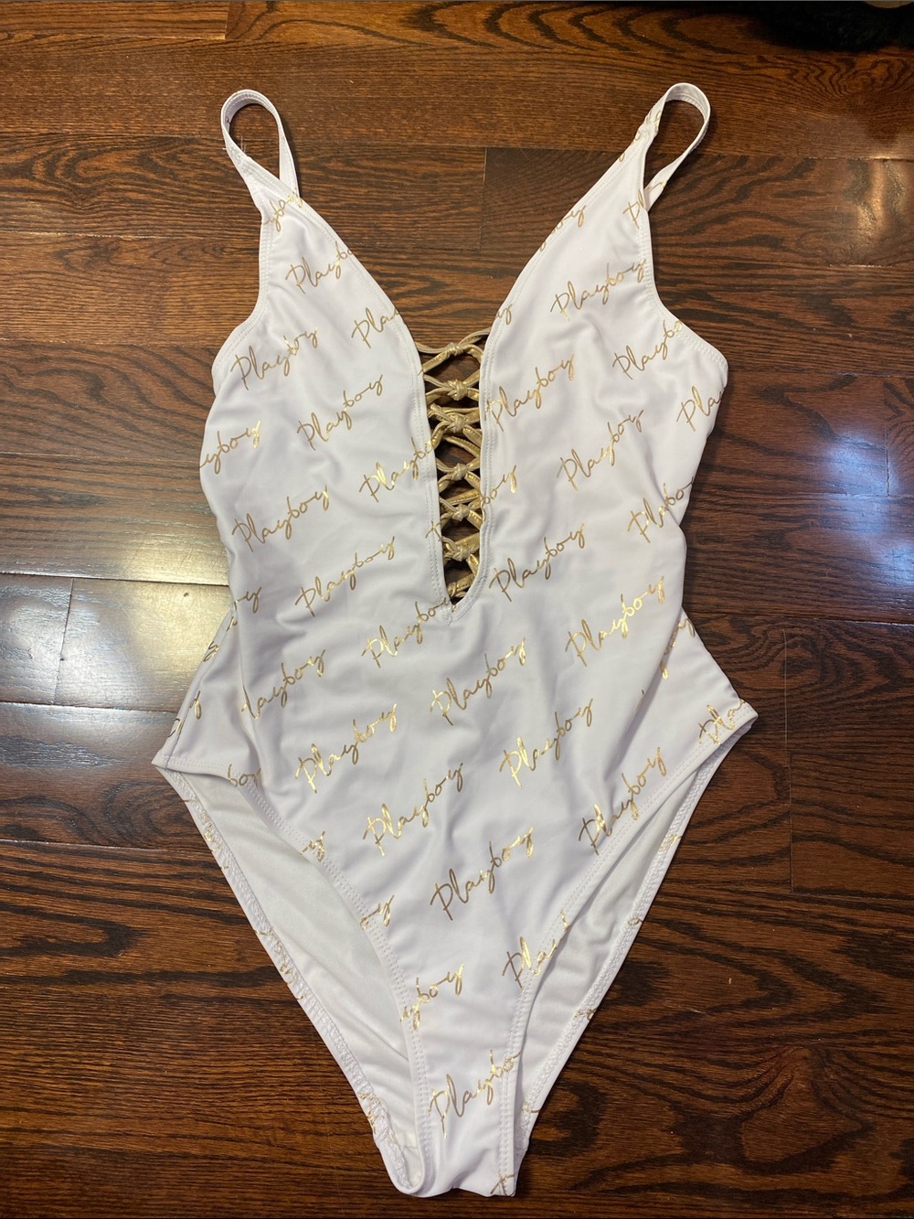 Brand new Y2K 00’s Rare PLAYBOY whiteLogo Lace-Up V‑Neck One-Piece M